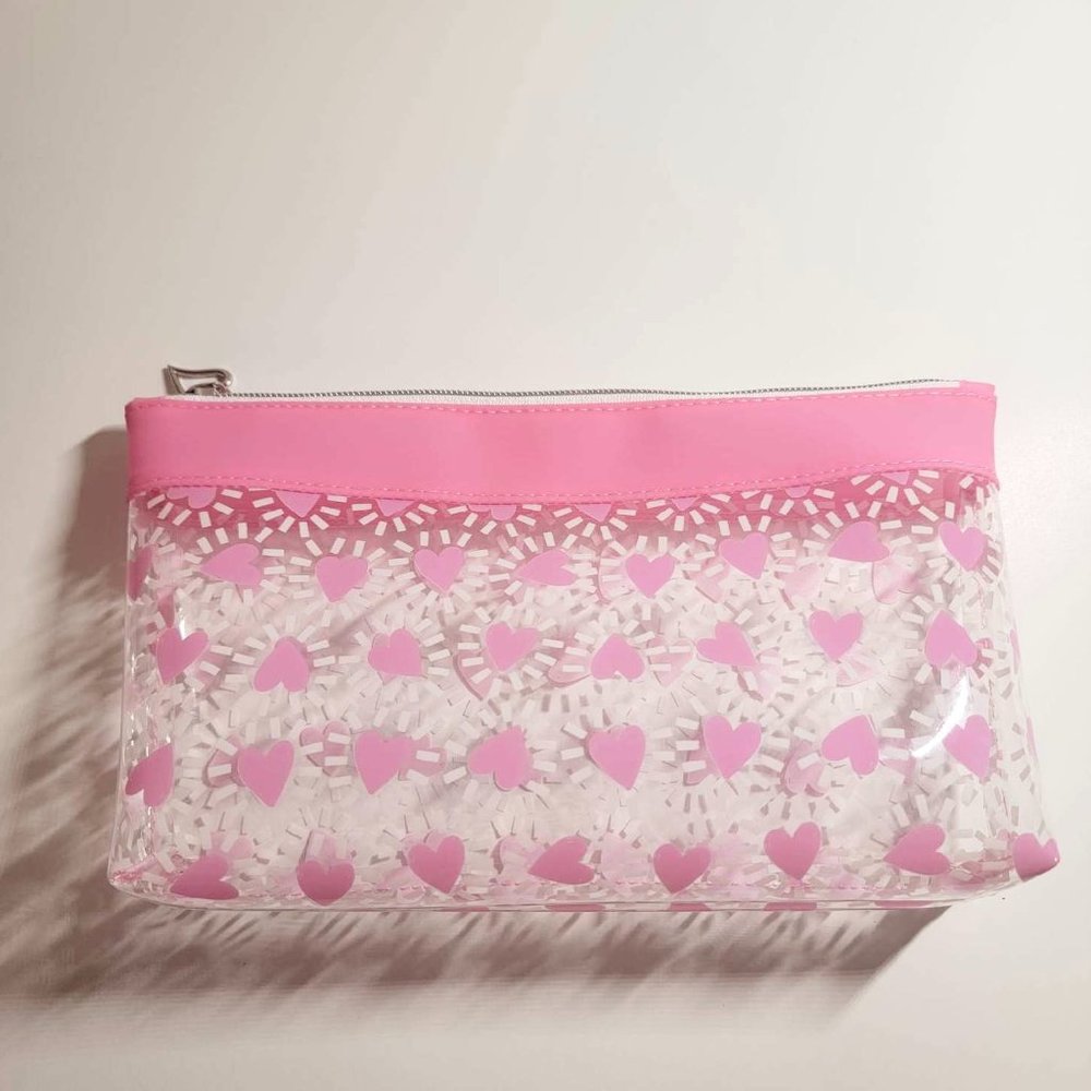 Jelly Fabric Pink Heart Print Makeup Bag! 10”W x 5.5”H
